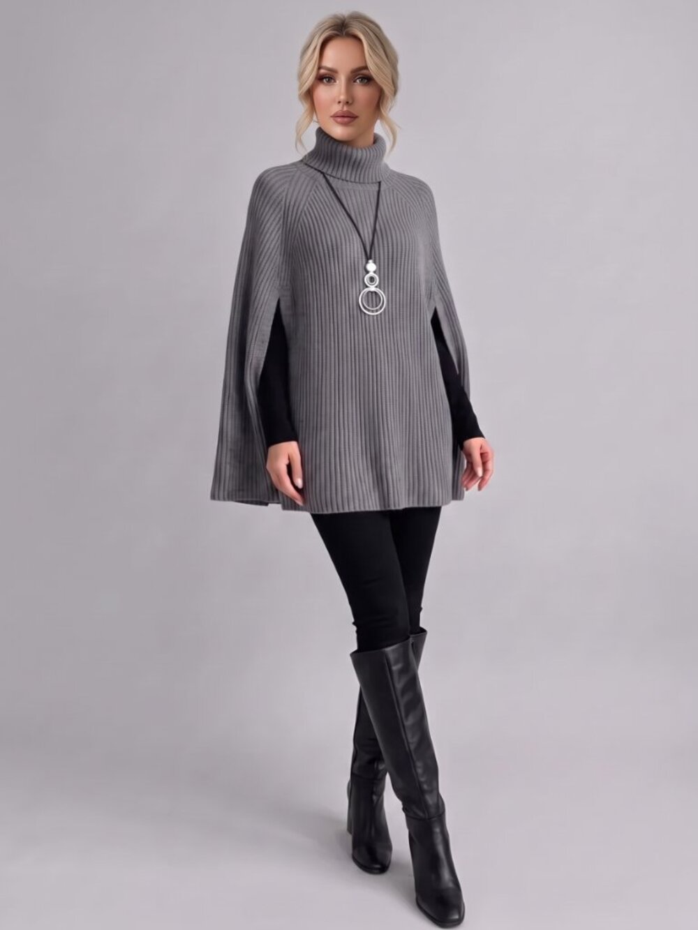Women's Gray Wool Poncho Sweater High Neck Batwing Sleeve Raglan Knit Cape - Picture 1 of 5
